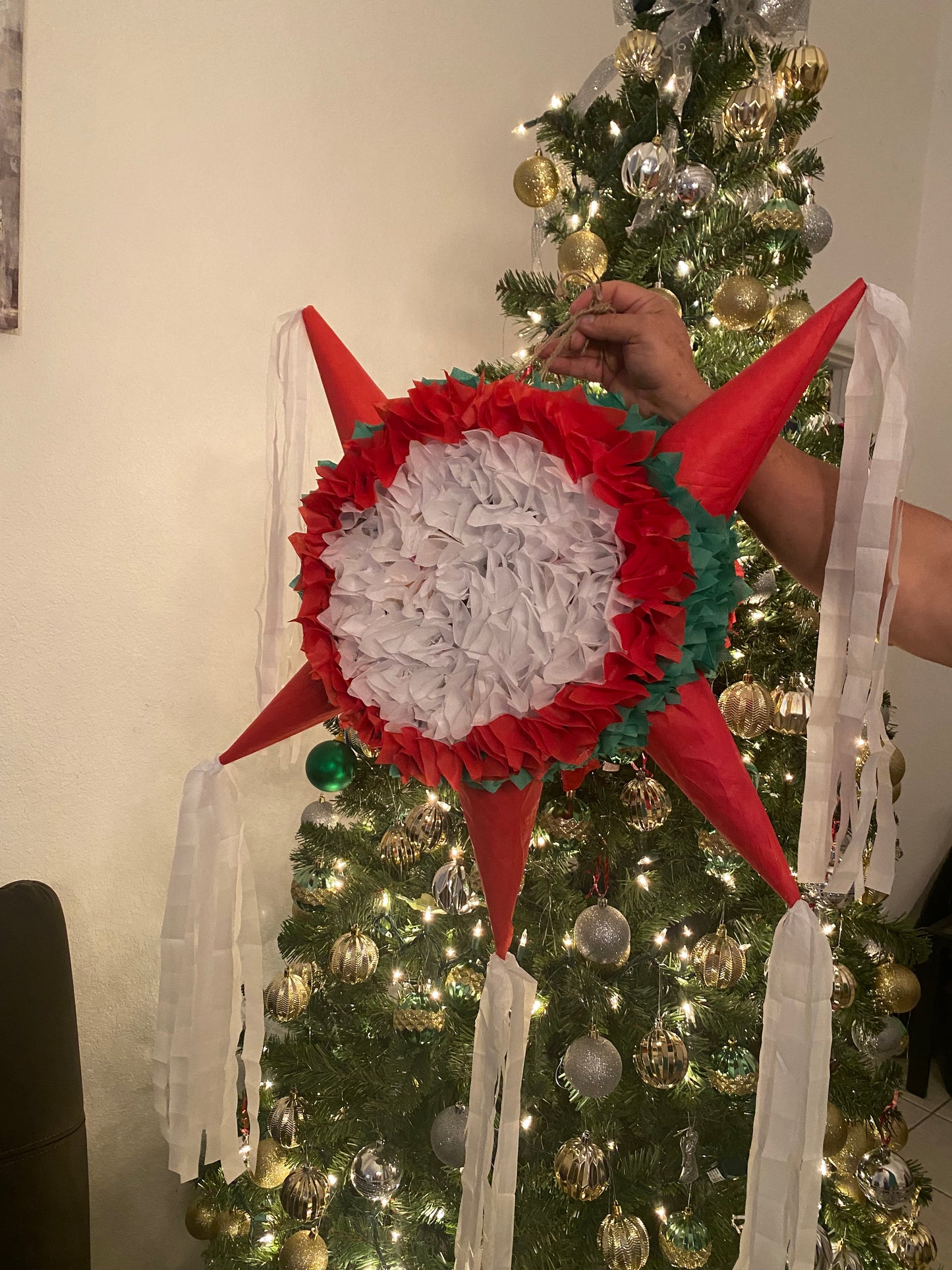 Red, green & white star piñata